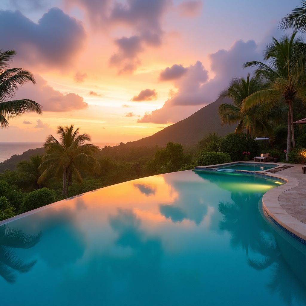 Piscine à débordement au crépuscule
